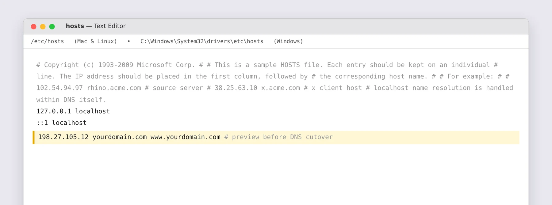 Example hosts file showing the standard localhost entries plus a highlighted added line pointing yourdomain.com and www.yourdomain.com to 192.0.2.42