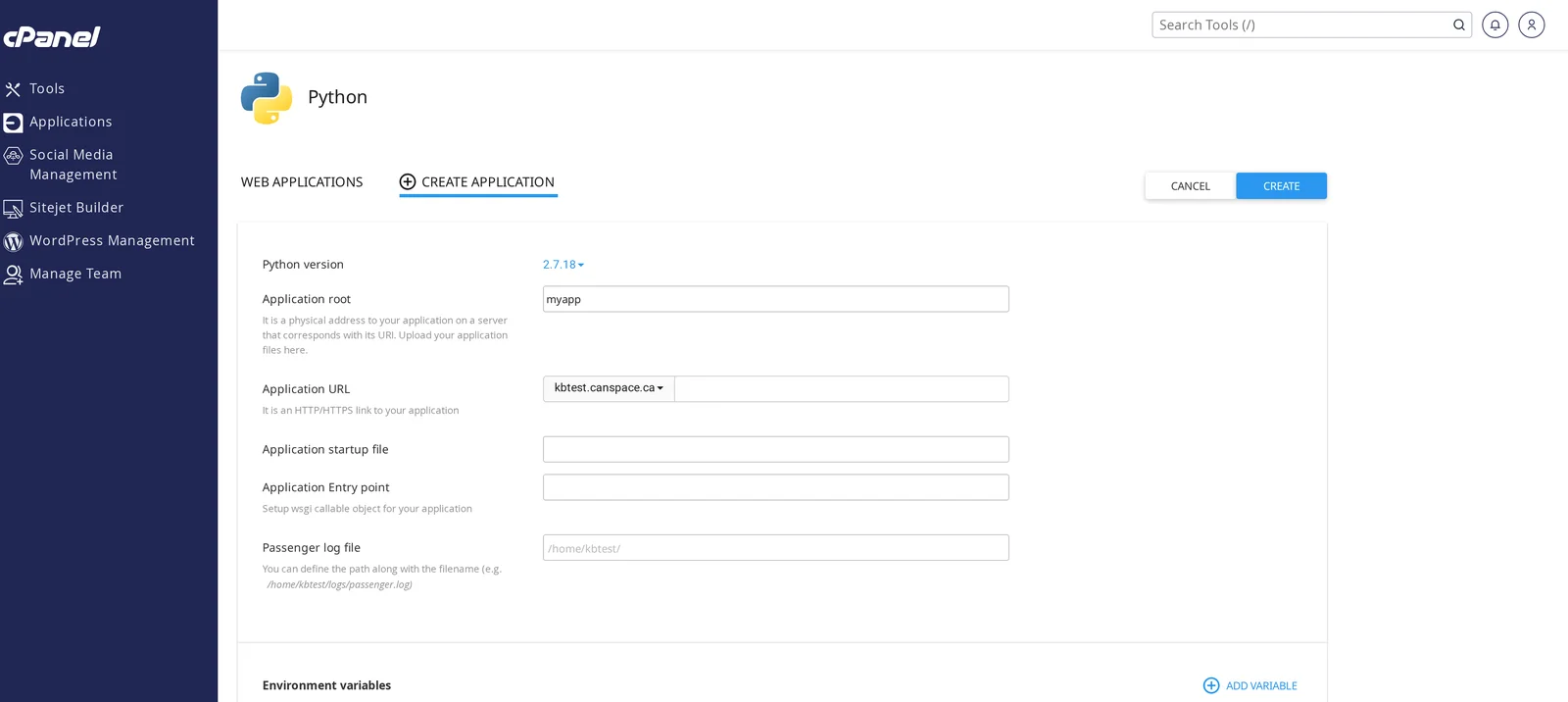 Create Application form in cPanel with Python version, Application root, Application URL, Application startup file, Application Entry point, and Passenger log file fields