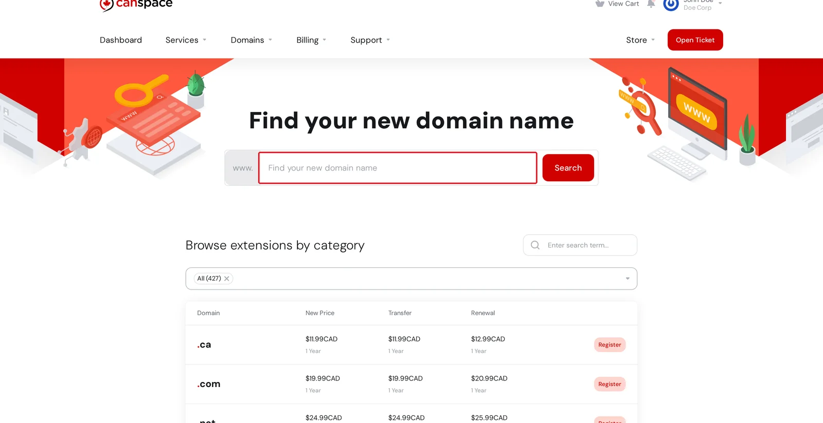 Register a New Domain page with search field highlighted and a table of TLDs below showing .ca, .com, and .net prices