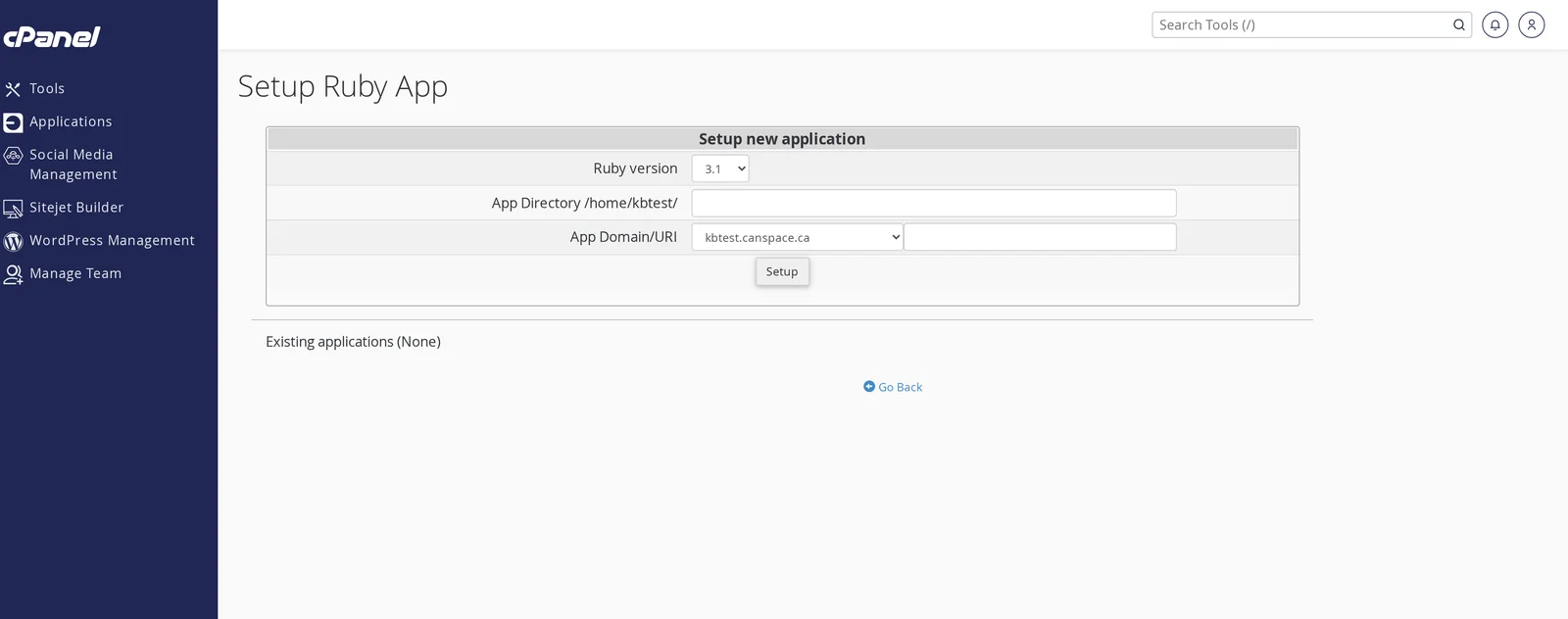 Setup Ruby App page in cPanel showing the Ruby version dropdown, App Directory field, App Domain/URI fields, and the Setup button