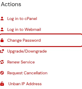 Actions sidebar on a hosting service with the Change Password link highlighted