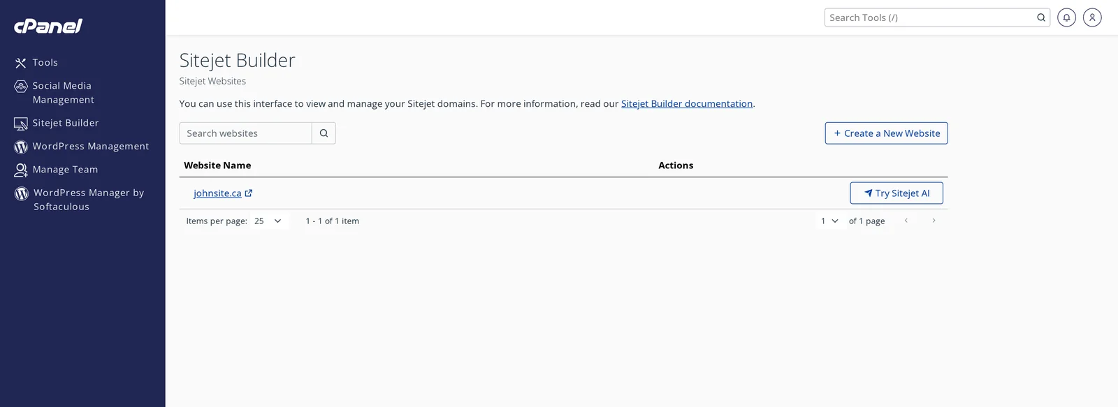 Sitejet Builder page showing the site list with Try Sitejet AI and Create a New Website buttons