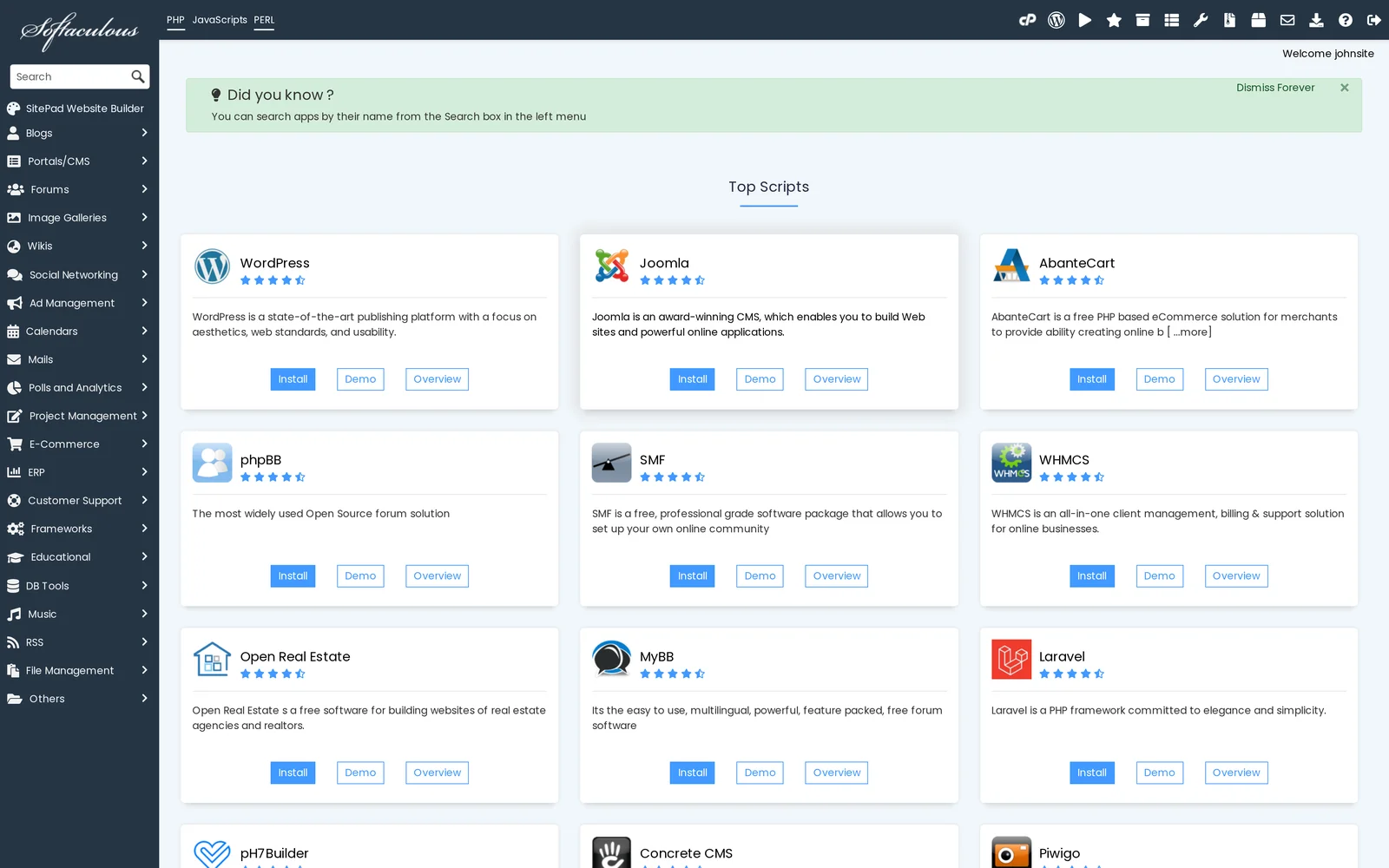 Softaculous dashboard showing WordPress, Joomla, Magento, and other available apps