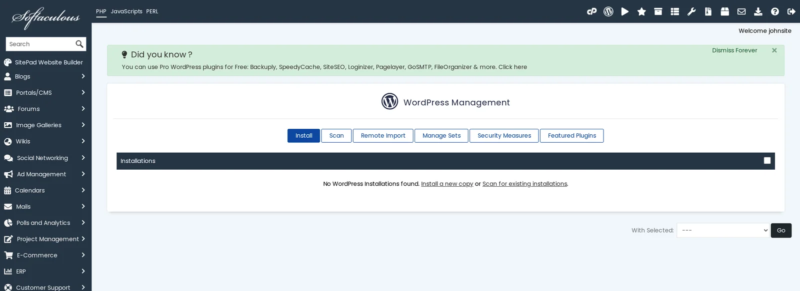 Softaculous WordPress Management panel with Install button