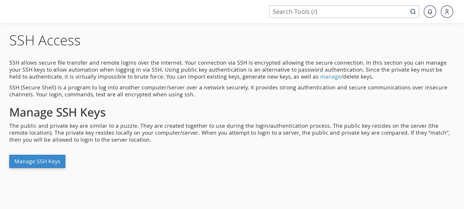cPanel SSH Access page with a Manage SSH Keys button