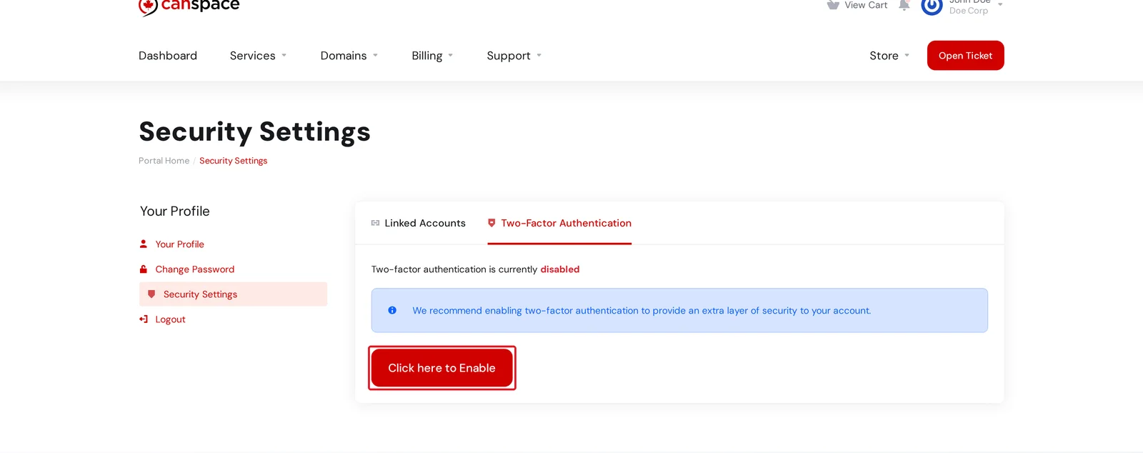 Security Settings page with the Two-Factor Authentication tab active and the Click here to Enable button highlighted