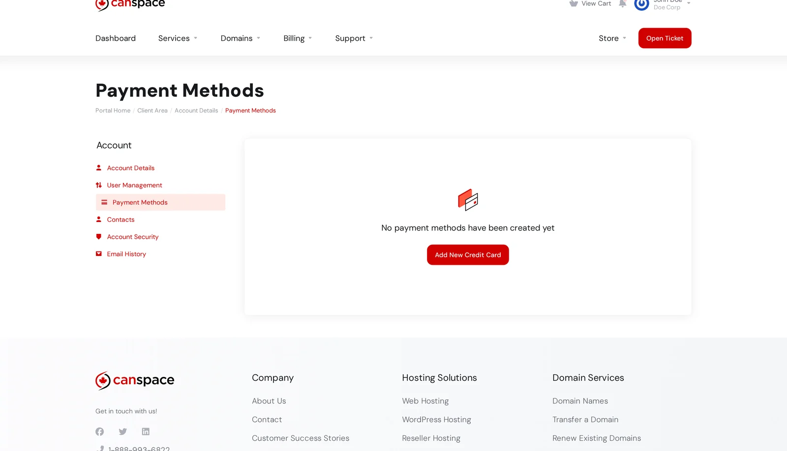 Payment Methods page with Add New Credit Card button