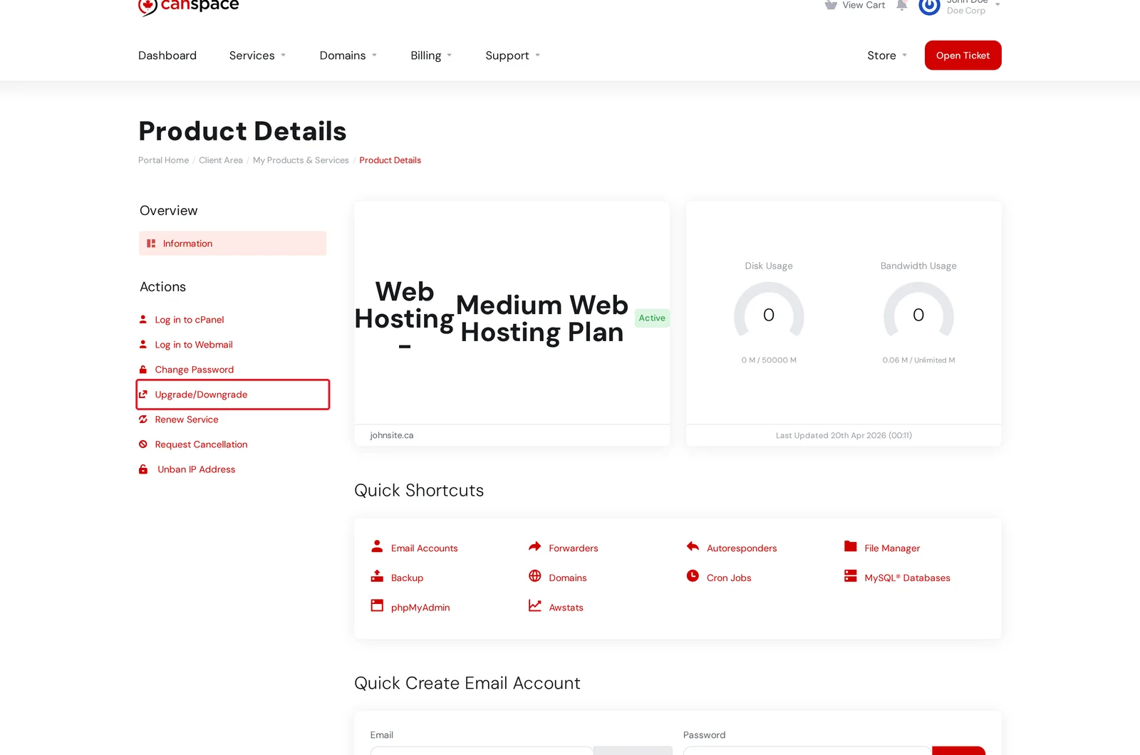 Product Details page with Upgrade/Downgrade action highlighted in the left sidebar