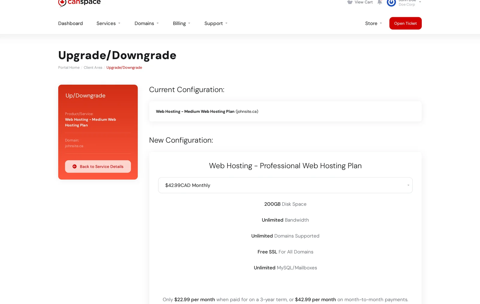 Upgrade/Downgrade page showing current plan (Medium) and target plan (Professional) with resources and pricing