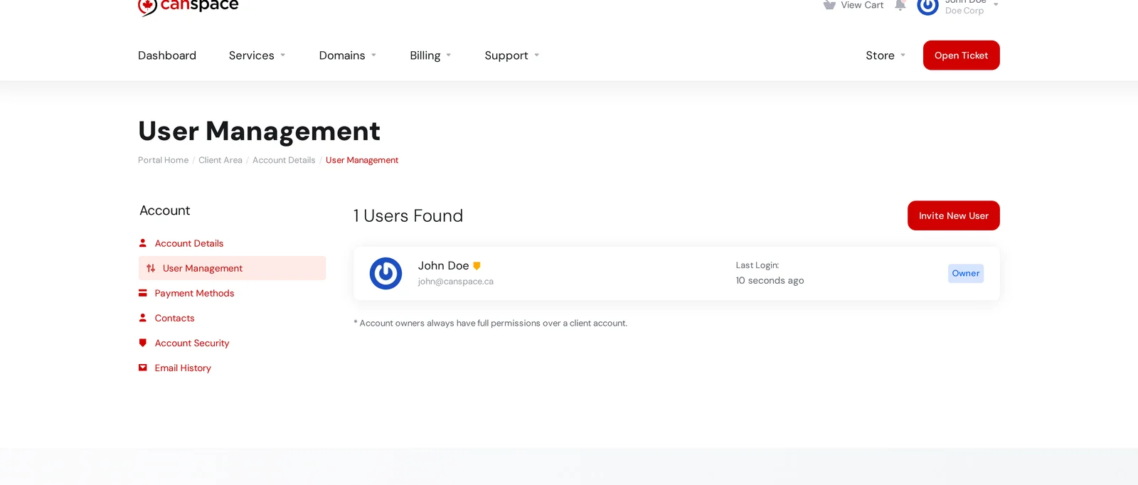 User Management page showing the Owner's login email and Invite New User button