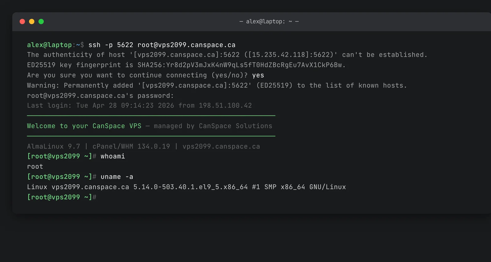 Terminal showing a successful SSH connection to a CanSpace VPS, with the root login banner and prompt