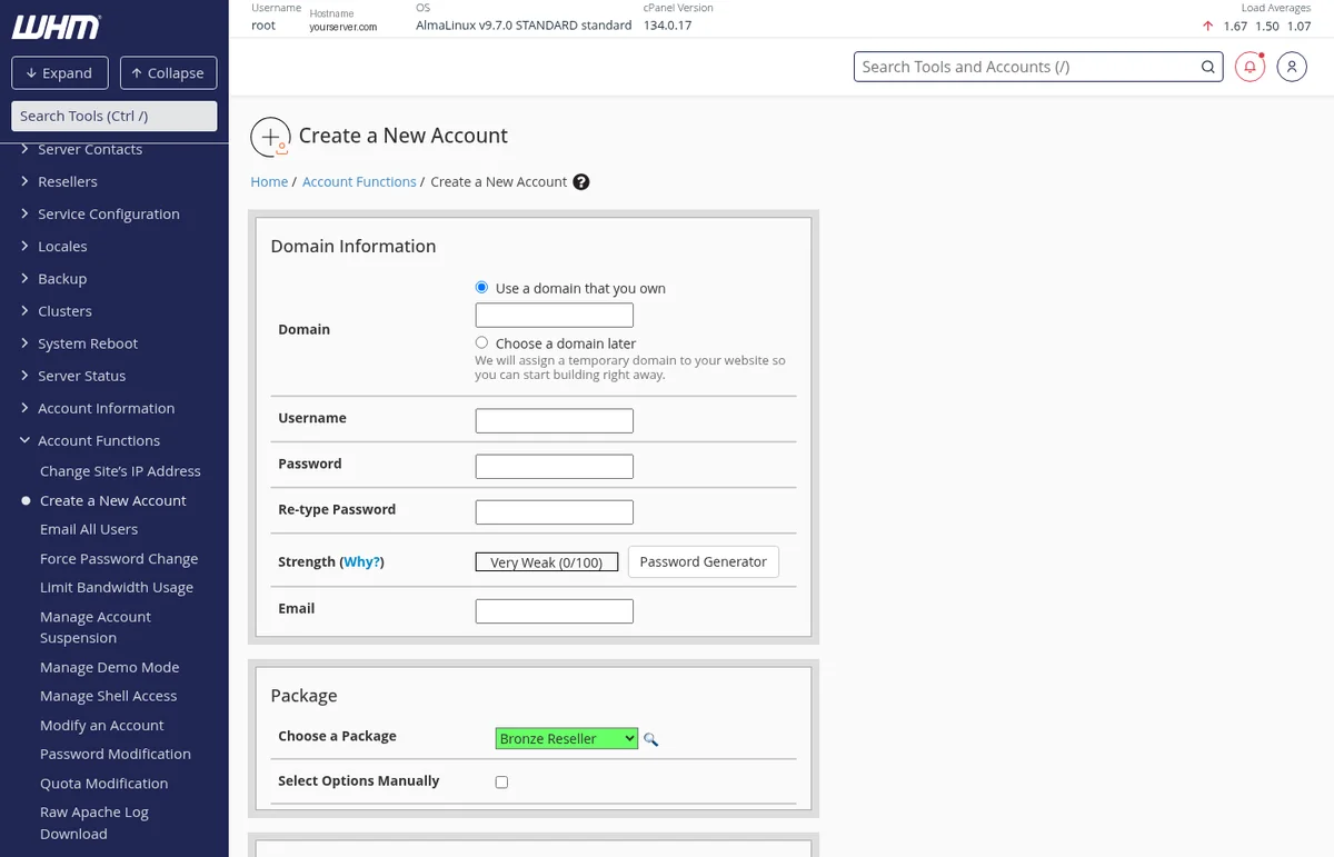 The Create a New Account form in WHM with fields for domain, username, password, and package
