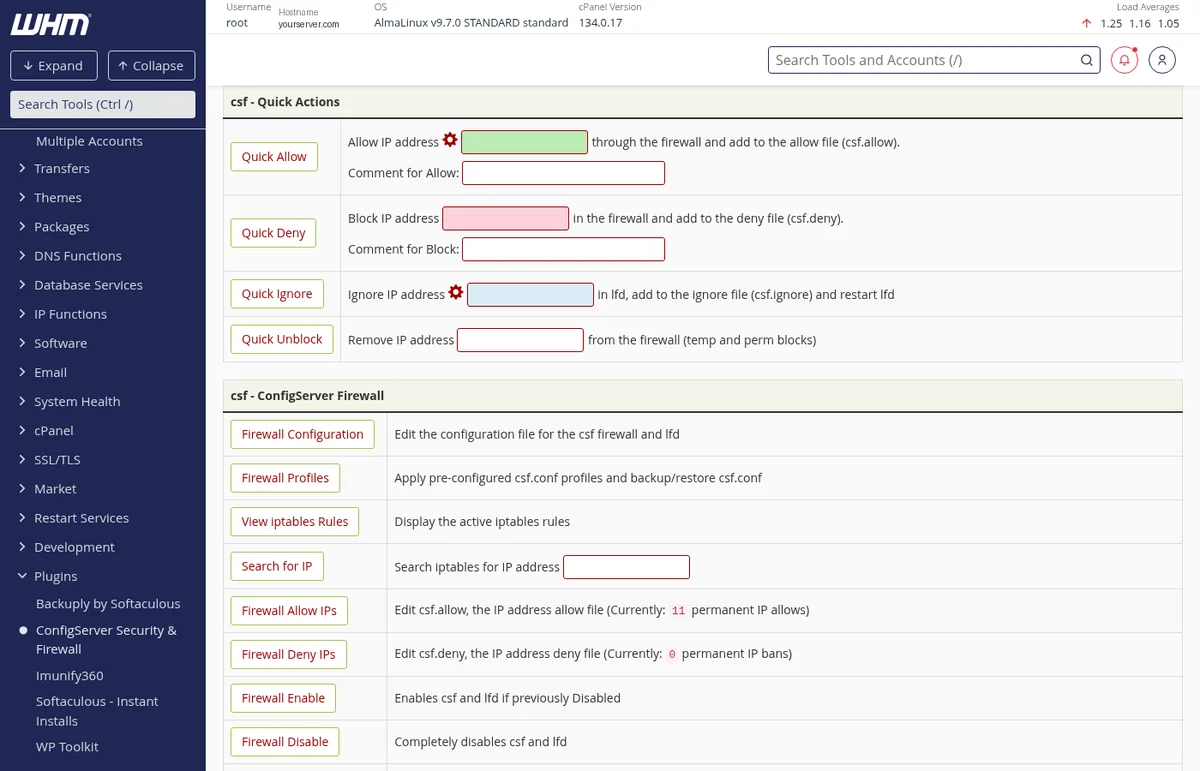 The CSF interface in WHM showing the Quick Actions panel (Quick Allow, Quick Deny, Quick Ignore, Quick Unblock) and the ConfigServer Firewall options below