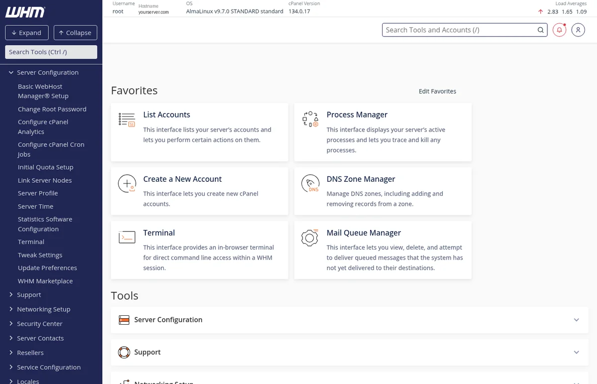 The WHM home page showing the Favorites panel with tiles like List Accounts, Create a New Account, and the left-side navigation