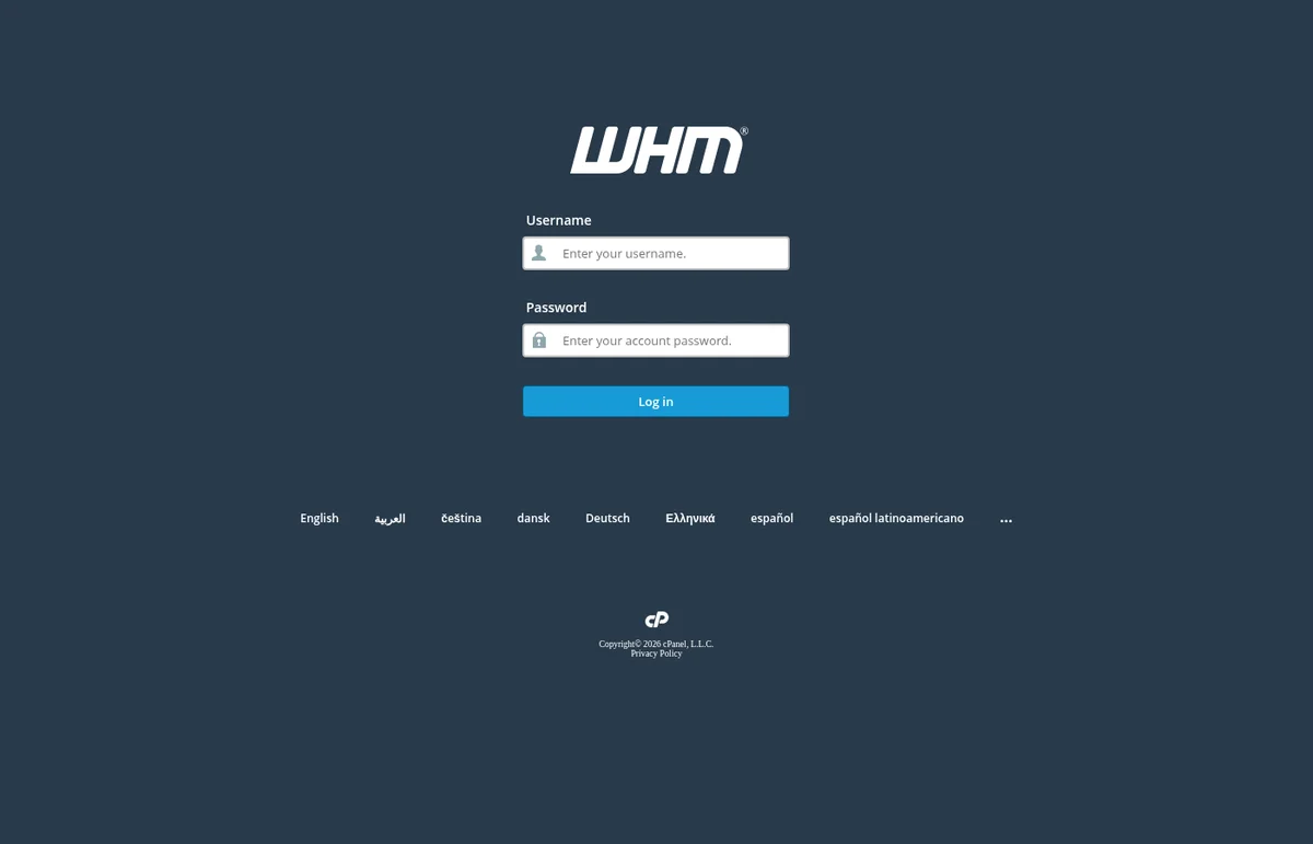 The WHM login screen with username and password fields