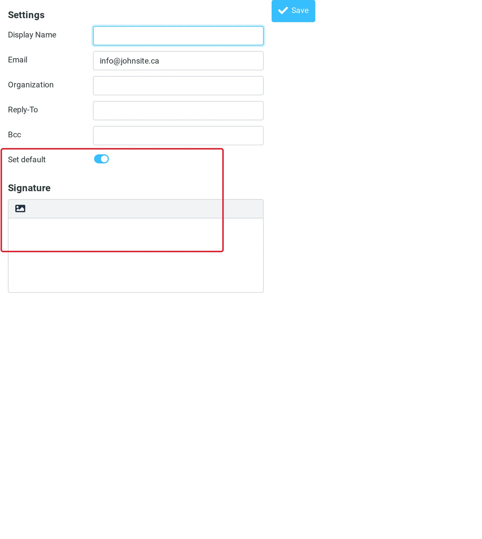 Roundcube identity edit form showing Display Name, Email, Organization, Reply-To, Bcc, Set default toggle, and the Signature box