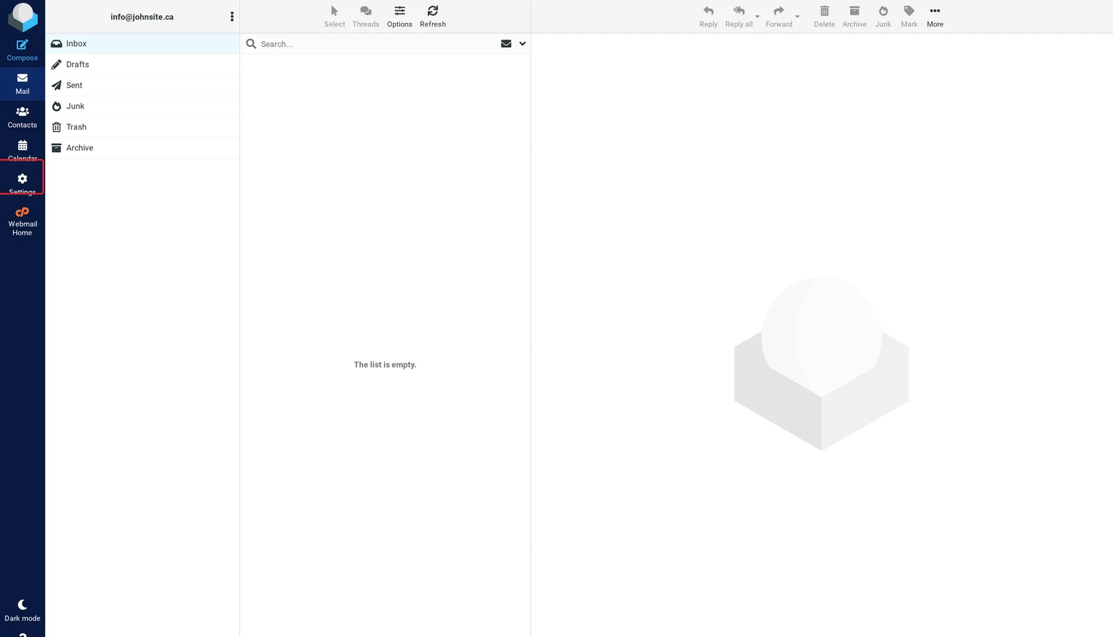Roundcube webmail inbox view with Mail, Contacts, Calendar, Settings options in the left sidebar and Compose, Reply, Forward toolbar