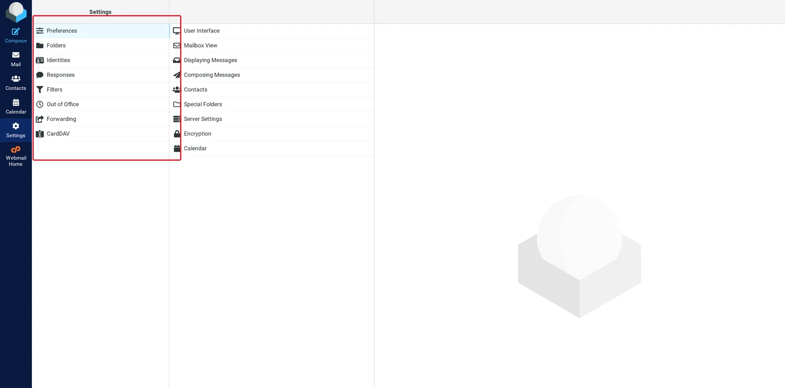 Roundcube Settings page showing the Preferences category active with User Interface, Mailbox View, Displaying Messages, Composing Messages, Contacts, Special Folders, Server Settings, Encryption, and Calendar sub-categories