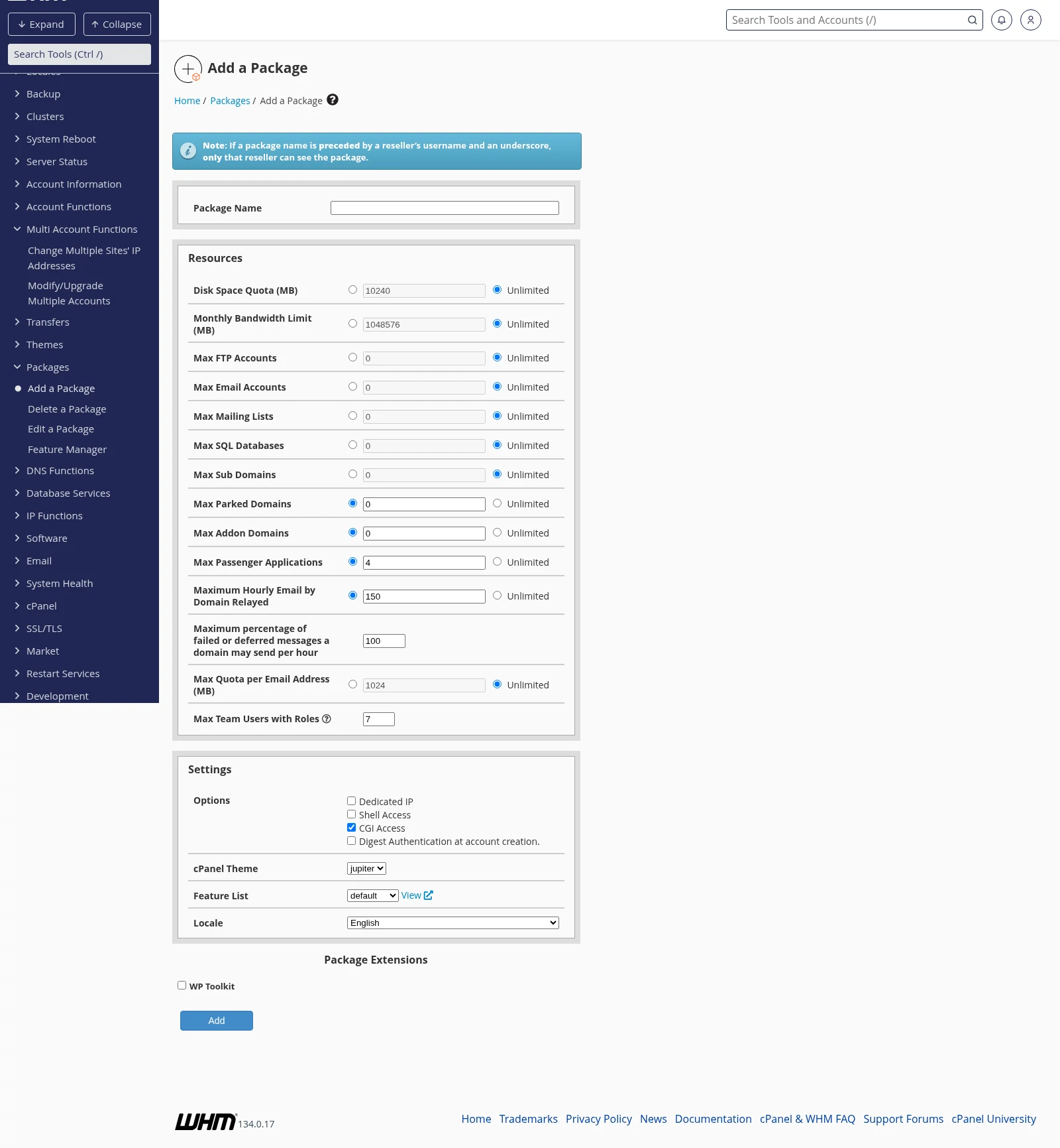 WHM Add a Package form with Package Name field, Resources section (disk quota, bandwidth, FTP accounts, email accounts, etc.), and Settings section below