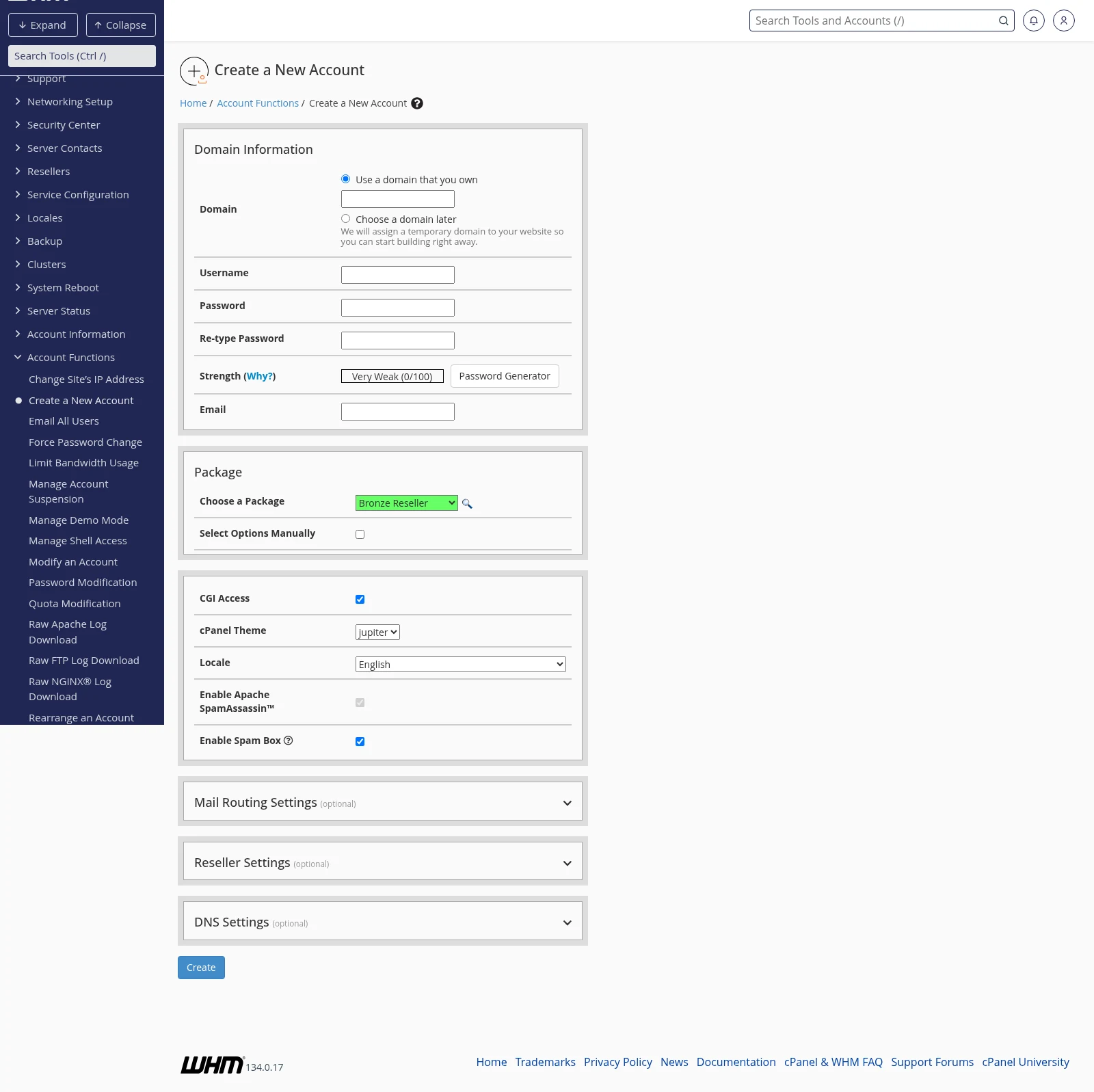 WHM Create a New Account form showing fields for Domain, Username, Password, Email, Package selection, and various account options