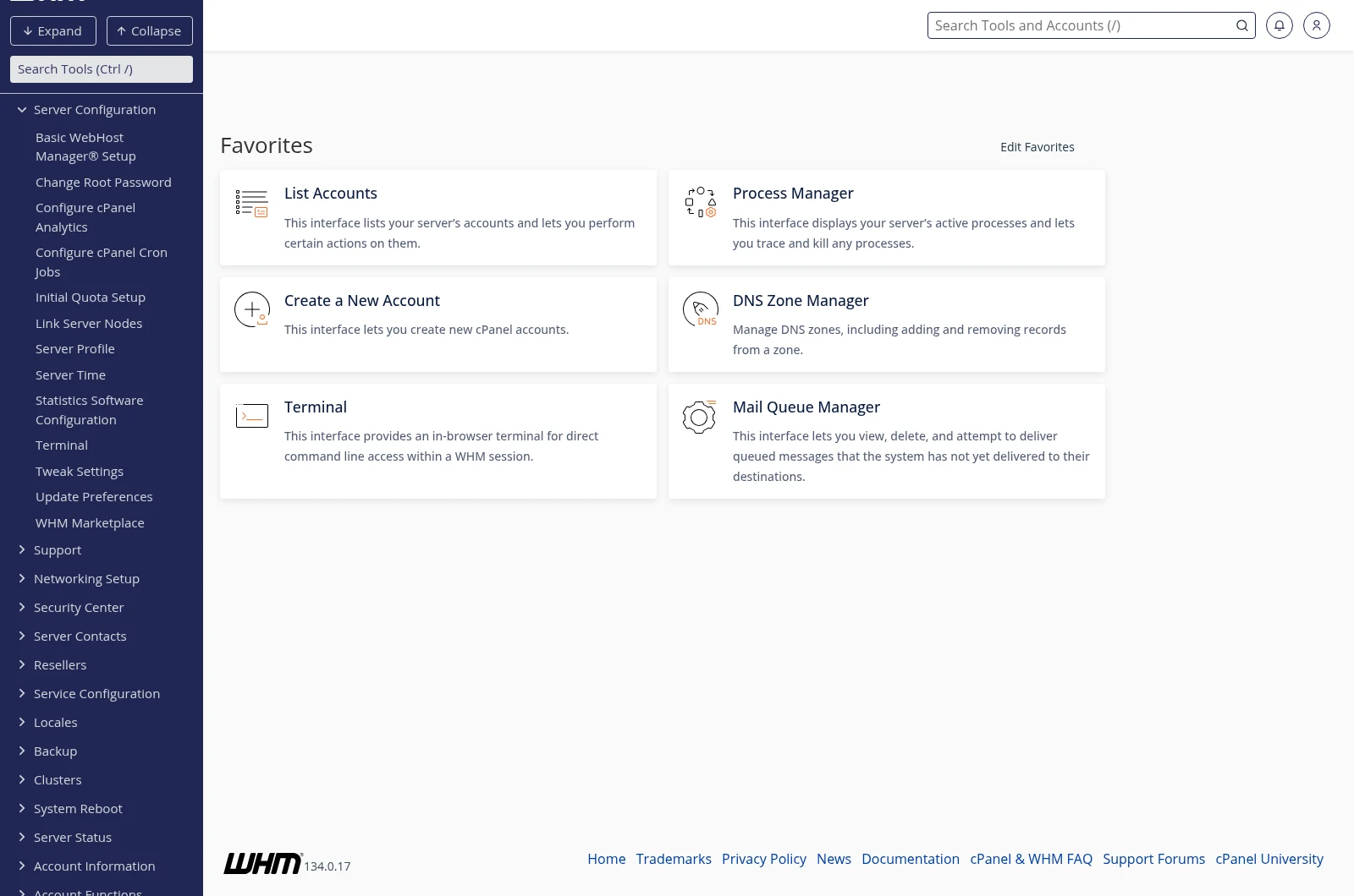 WHM home page showing left sidebar with tool categories and a Favorites panel on the right with common tools