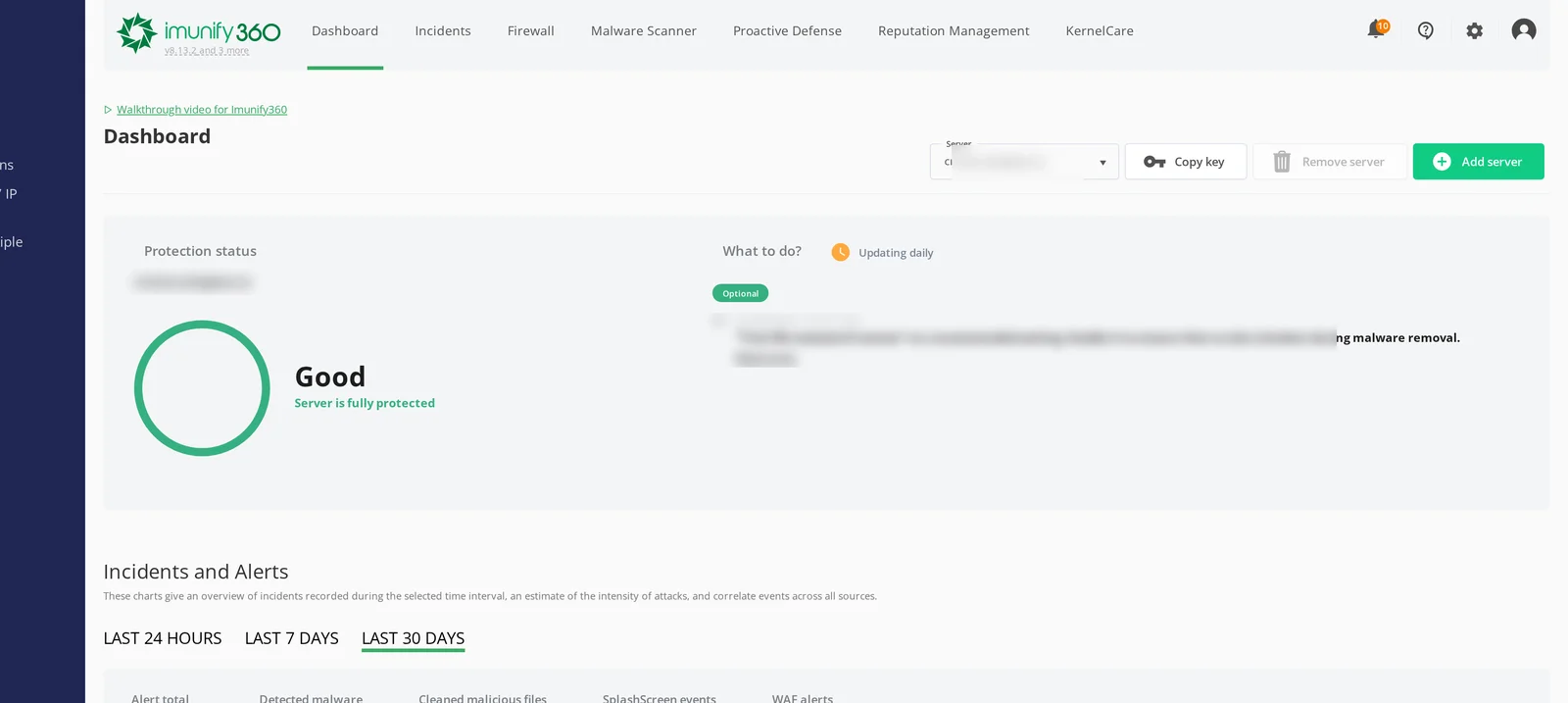 Imunify360 dashboard in WHM showing the tab strip (Dashboard, Incidents, Firewall, Malware Scanner, Proactive Defense, Reputation Management, KernelCare) and the Protection Status panel with a Good rating