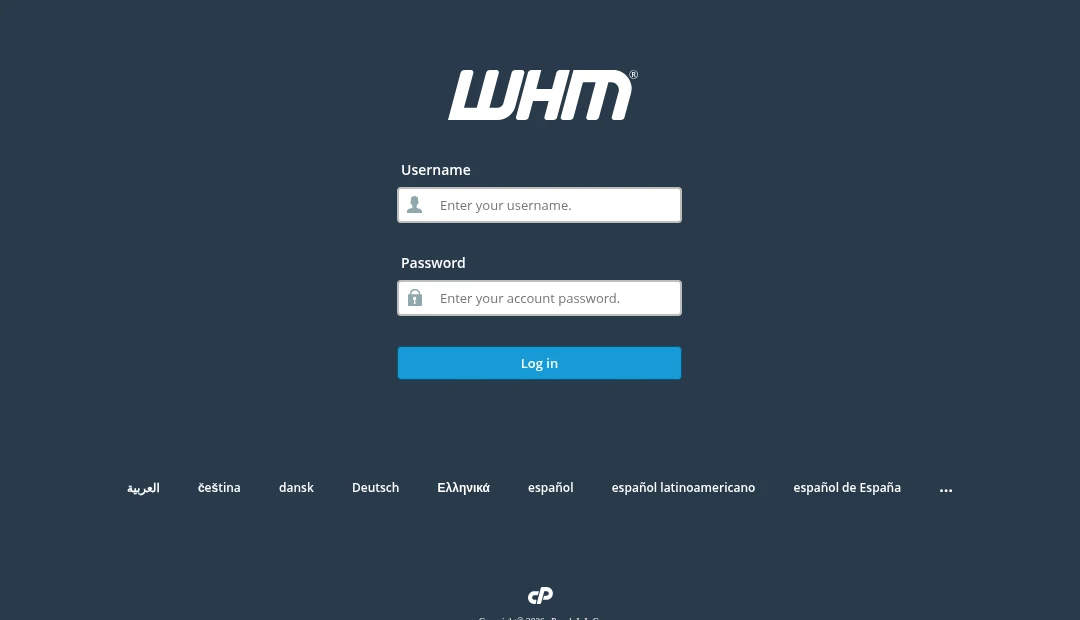 WHM Login page with the Username and Password fields and a Log in button