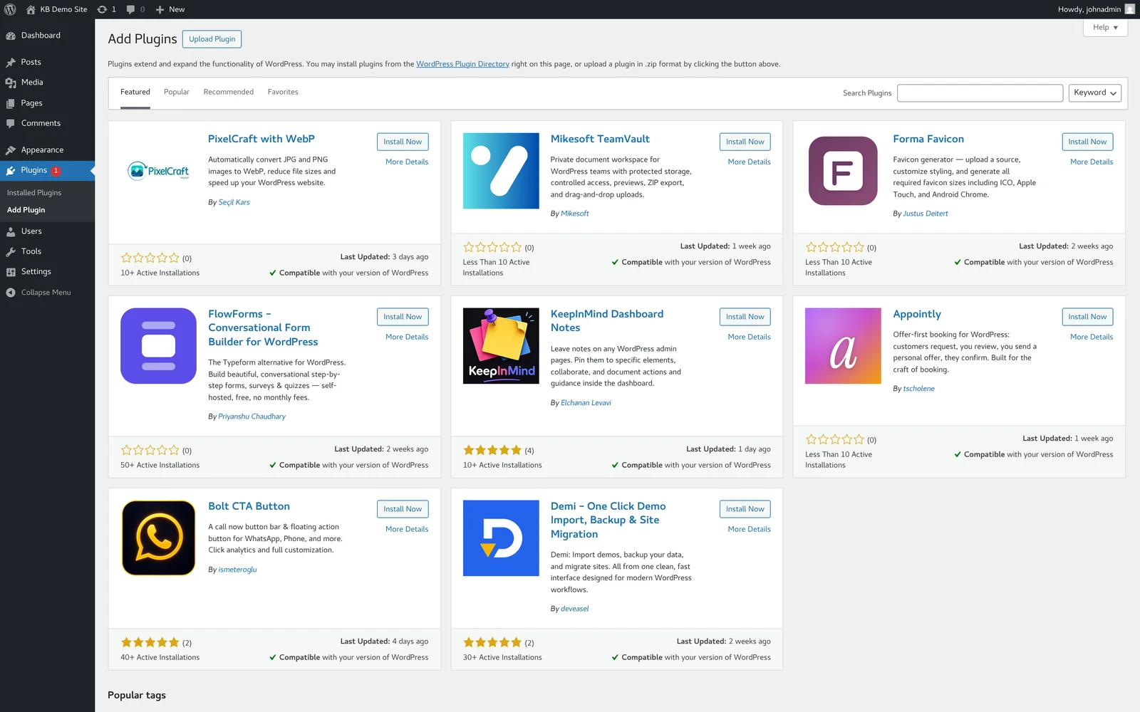 WordPress Add Plugins screen showing featured plugins, search box, and Install Now buttons