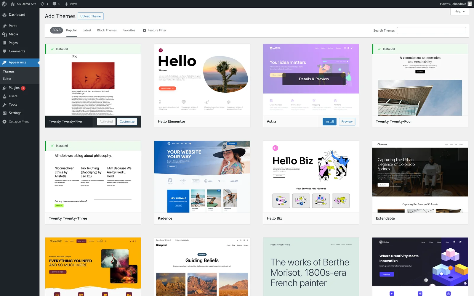 WordPress Add Themes screen showing the gallery of featured themes