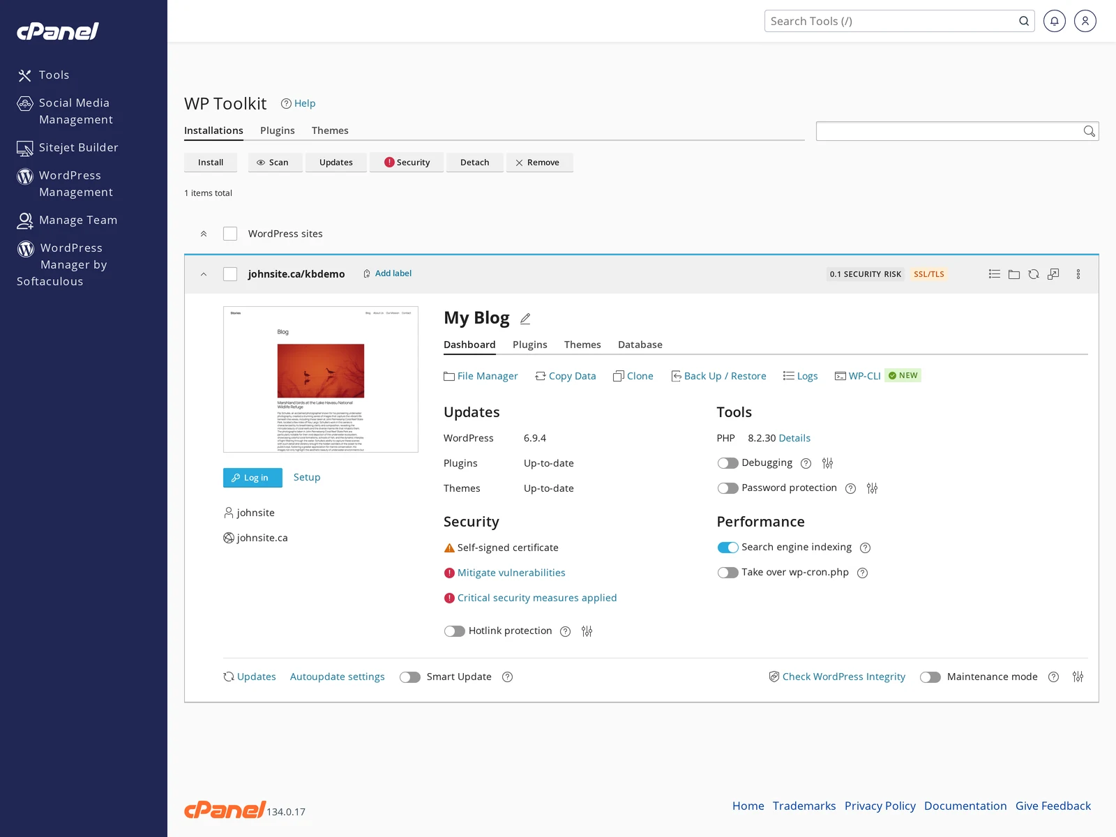 cPanel WP Toolkit showing a WordPress site with the Log in button highlighted in the site's dashboard panel