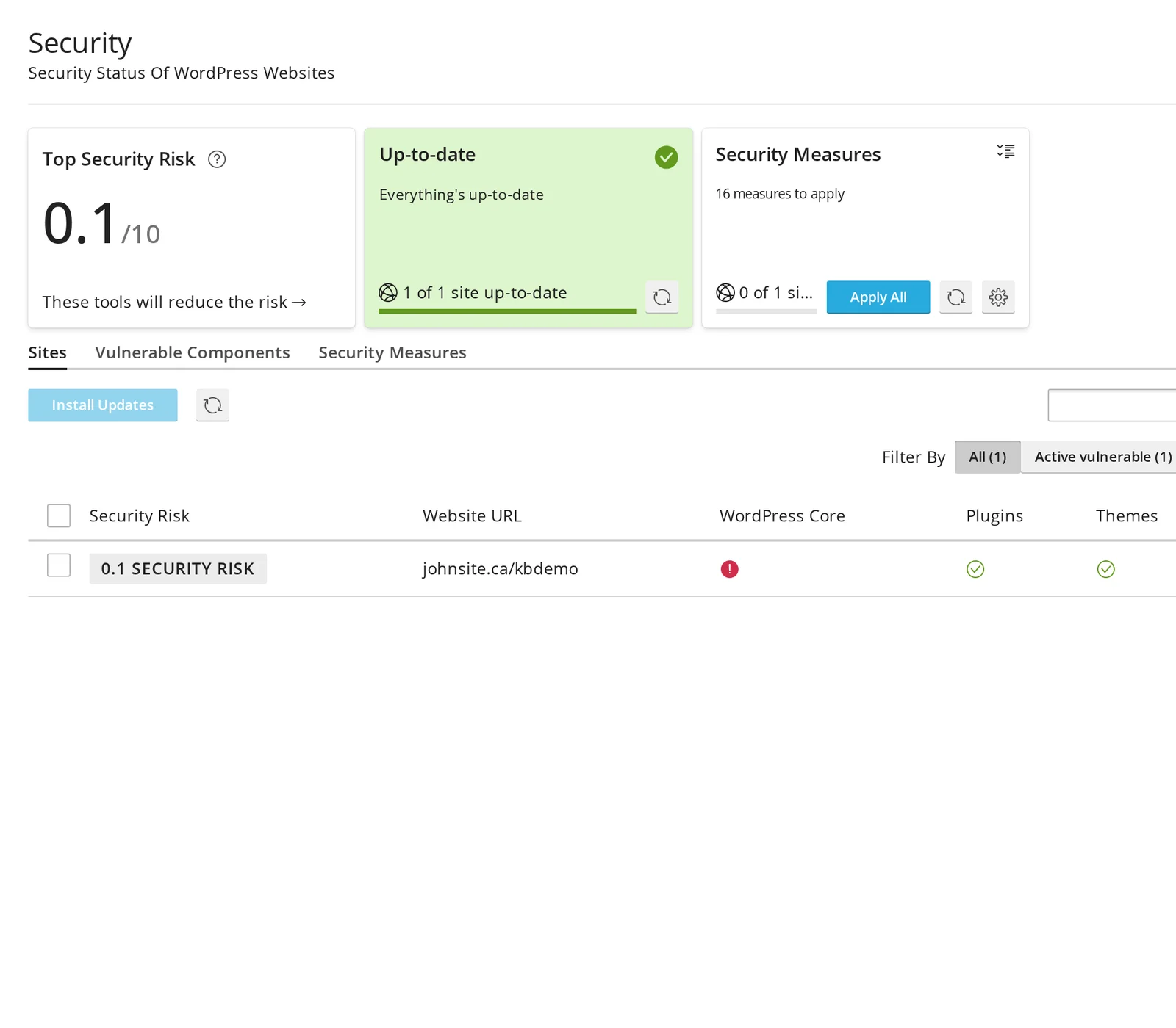 WP Toolkit Security panel showing Top Security Risk score, Up-to-date status, Security Measures tab, and a list of sites with their risk ratings