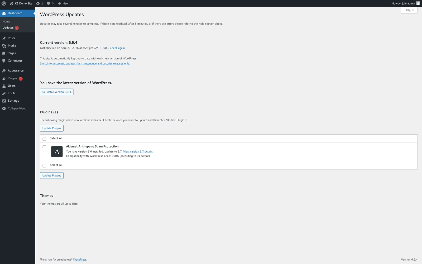 WordPress Updates screen showing pending core, plugin, and theme updates