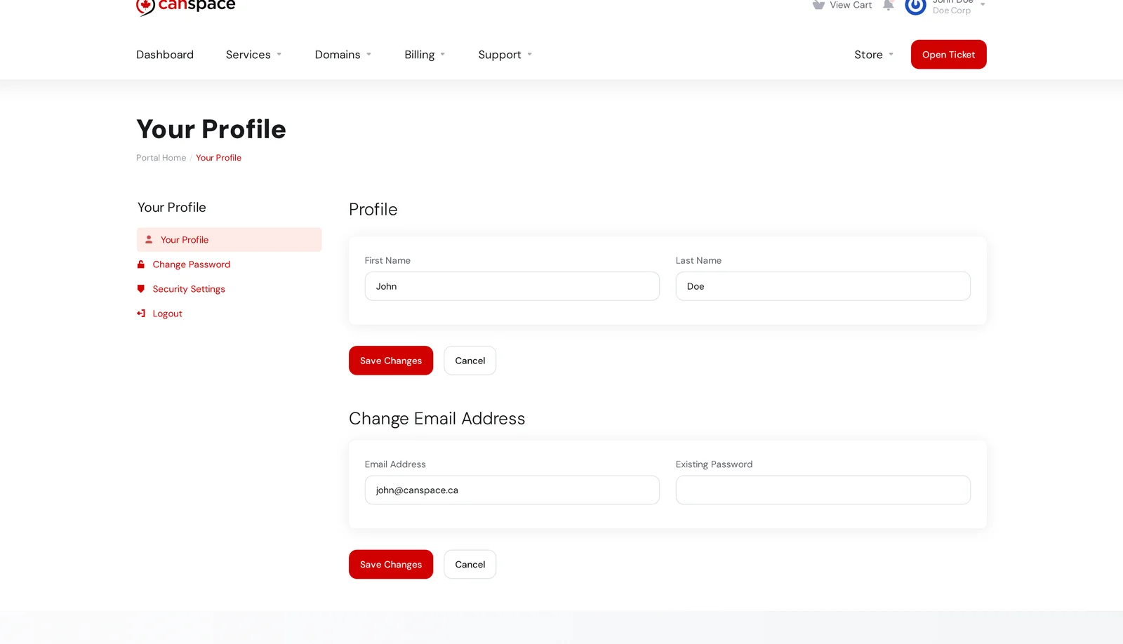 Your Profile page with a Change Email Address form taking the new email and existing password
