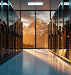 Modern data center with rows of black server racks framing a panoramic view of the Canadian Rocky Mountains at golden hour