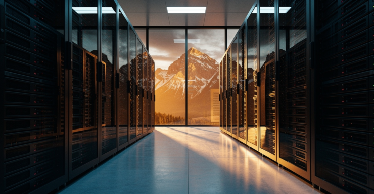 Modern data center with rows of black server racks framing a panoramic view of the Canadian Rocky Mountains at golden hour