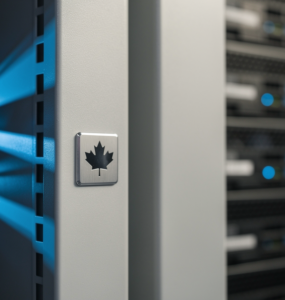 Close-up of server rack panels with a Canadian maple leaf etched in metal, blue LED lighting