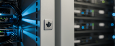 Close-up of server rack panels with a Canadian maple leaf etched in metal, blue LED lighting