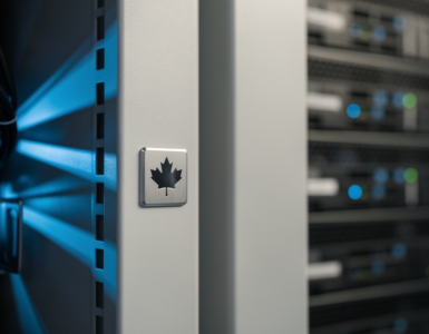 Close-up of server rack panels with a Canadian maple leaf etched in metal, blue LED lighting