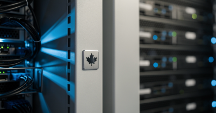 Close-up of server rack panels with a Canadian maple leaf etched in metal, blue LED lighting