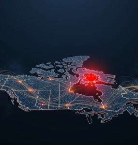 A glowing data-network rendering of Canada on a dark blue field with a red maple leaf focal point