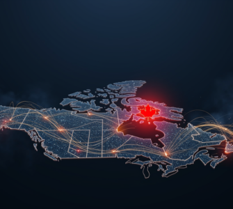 A glowing data-network rendering of Canada on a dark blue field with a red maple leaf focal point