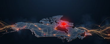 A glowing data-network rendering of Canada on a dark blue field with a red maple leaf focal point