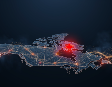 A glowing data-network rendering of Canada on a dark blue field with a red maple leaf focal point