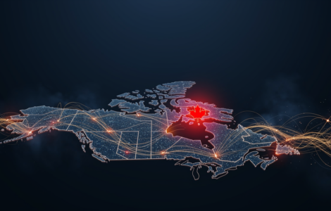 A glowing data-network rendering of Canada on a dark blue field with a red maple leaf focal point