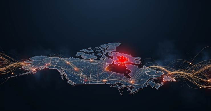 A glowing data-network rendering of Canada on a dark blue field with a red maple leaf focal point