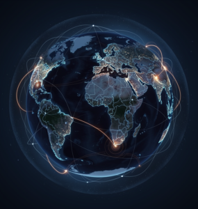 Stylized globe at night wrapped in a glowing global content delivery network
