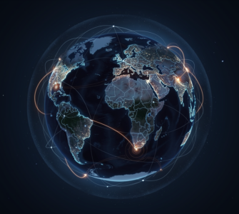 Stylized globe at night wrapped in a glowing global content delivery network