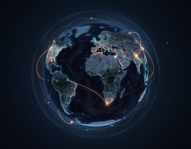 Stylized globe at night wrapped in a glowing global content delivery network