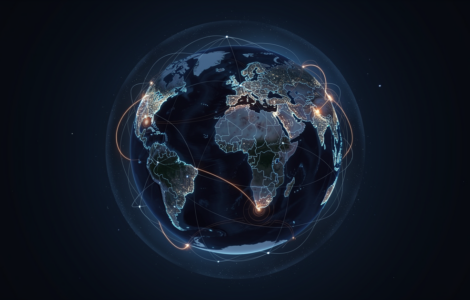 Stylized globe at night wrapped in a glowing global content delivery network
