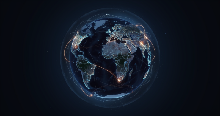 Stylized globe at night wrapped in a glowing global content delivery network